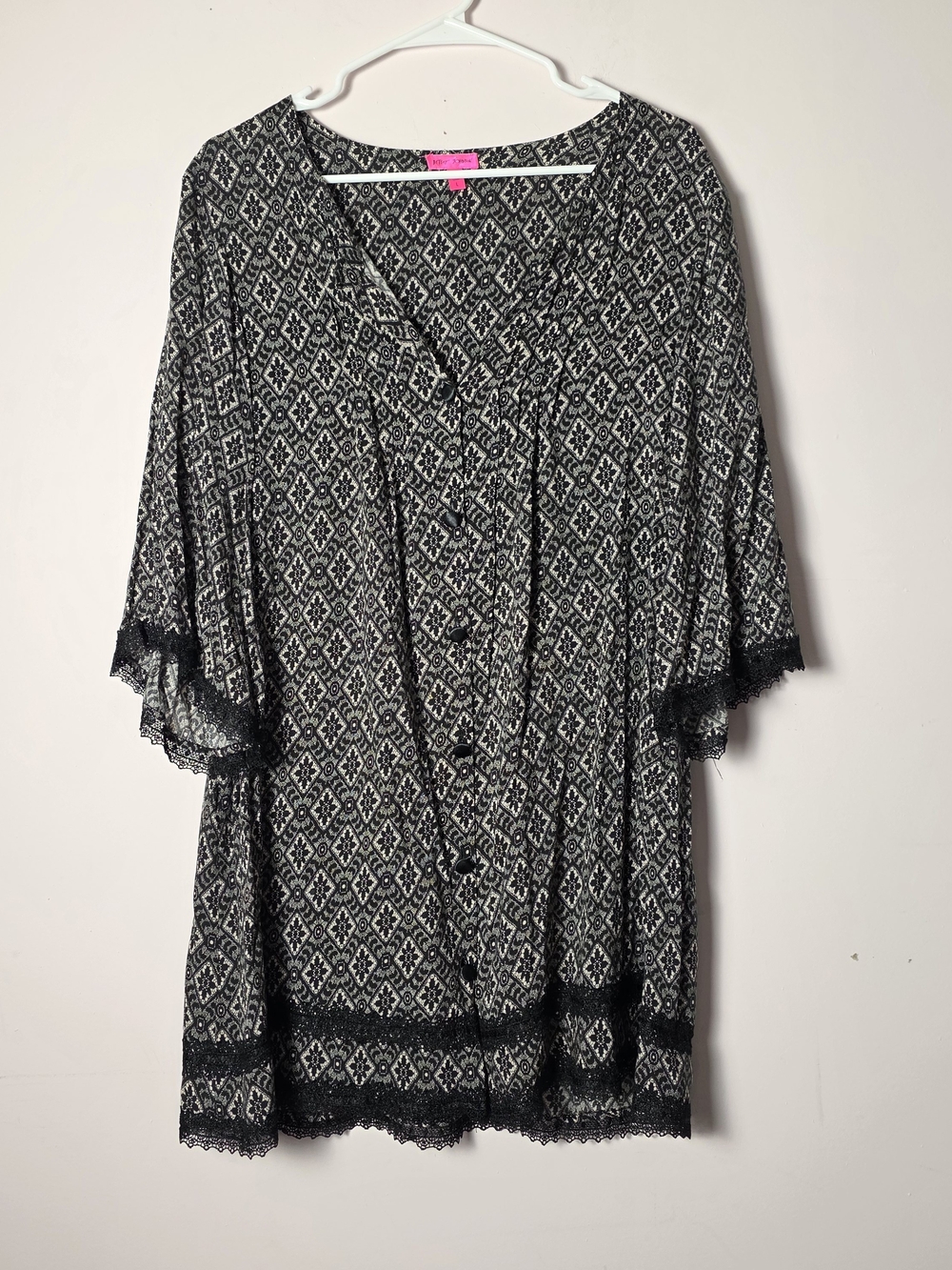 Betsey Johnson Black & Ivory Lace Trim Boho Tunic Dress Large L